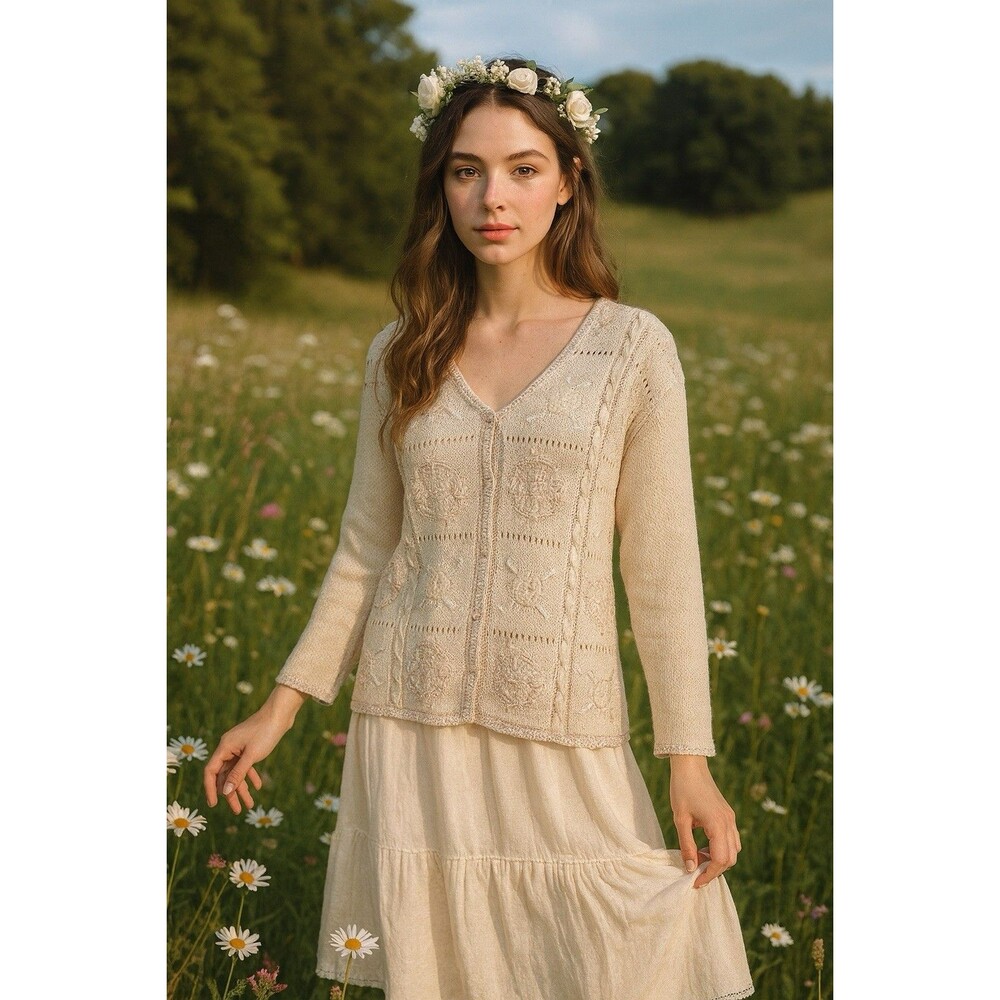 Vintage 1990s Women's PM Chunky Knit Cardigan Romantic‎ Embroidered Granny Y2K
